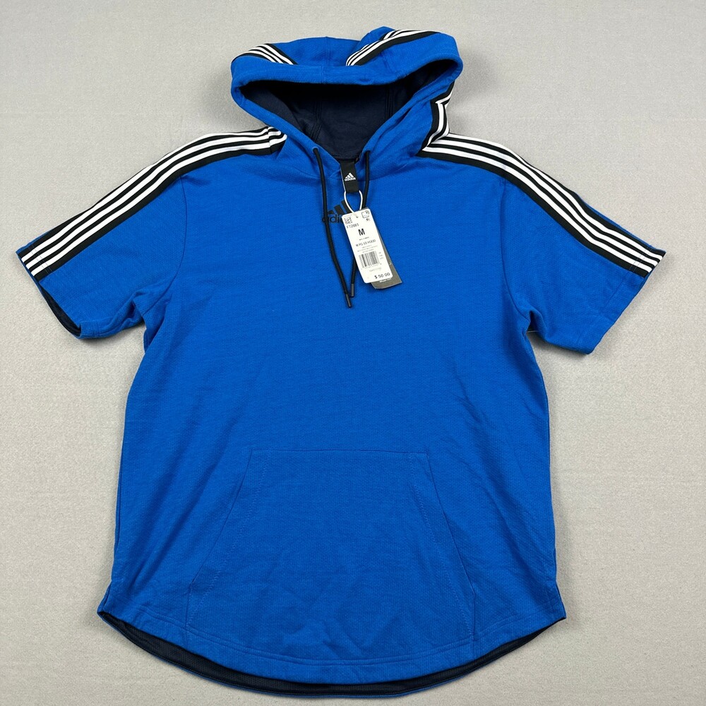 Adidas Hoodie Men Medium Blue Solid 3 Stripes Short Sleeve Sweatshirt Pullover M